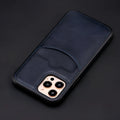 Dark blue PU leather protective case for iPhone, showing back and side coverage with precise port cutouts.