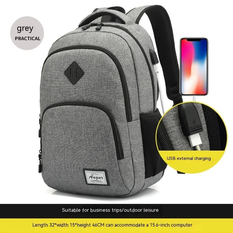 Grey lightweight nylon USB charging backpack with trolley sleeve, shown next to a phone and power bank.