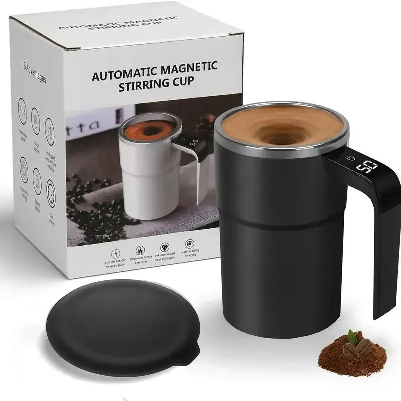 Electric magnetic stirring mug 380ml with USB rechargeable battery, LCD temperature display, black or white, stainless steel interior