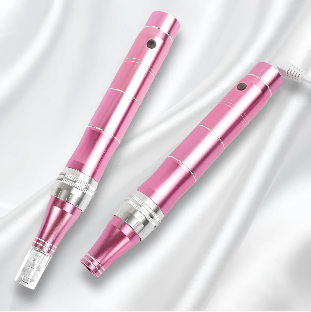 Rose Screw Electric Microneedle Beauty Repair IPL Device in rose gold finish with USB cable and multiple plugs