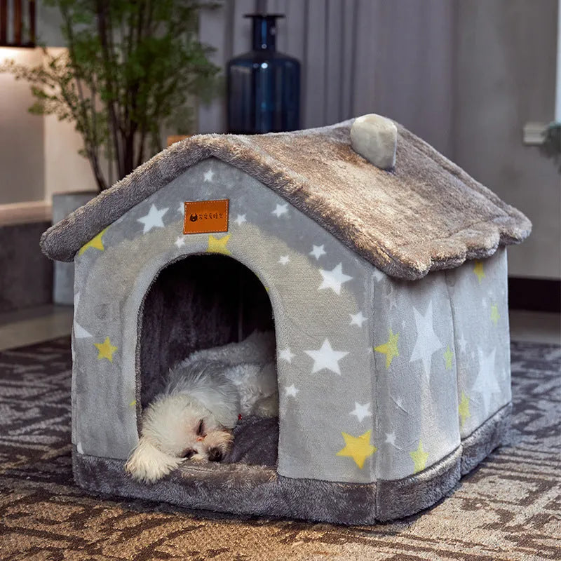 Foldable pet bed with plush fur, enclosed cave shape, removable nest, and durable bottom, in grey star or navy blue carrot.