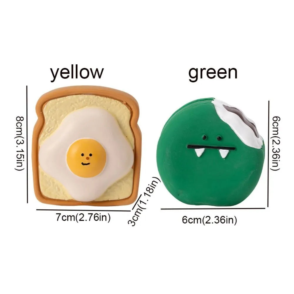 Yellow and green cartoon egg bread shaped latex dog squeaky chew toy.