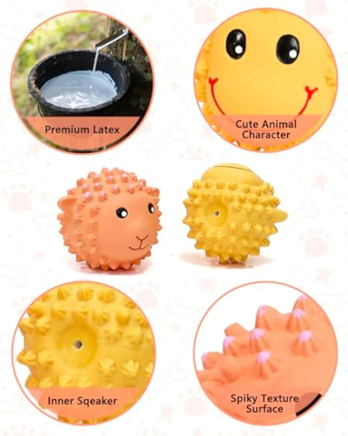 Two spiky squeaky latex dog toys, lamb and monkey designs, on a plain background.