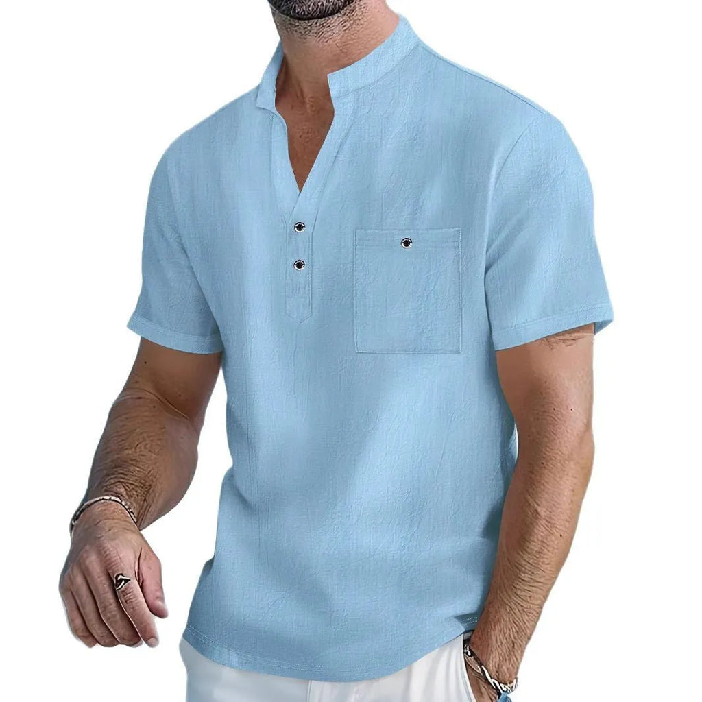 Men's apricot-coloured linen blend T-shirt with a stand collar and short sleeves on a hanger.