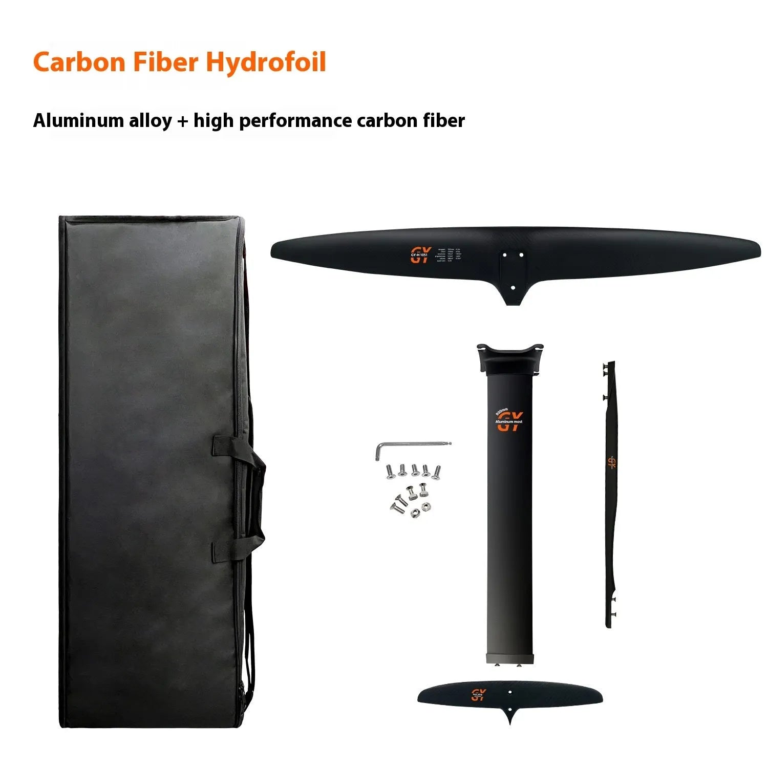 Black carbon fibre racing hydrofoil with 1051mm aluminium front wing for unpowered surfing