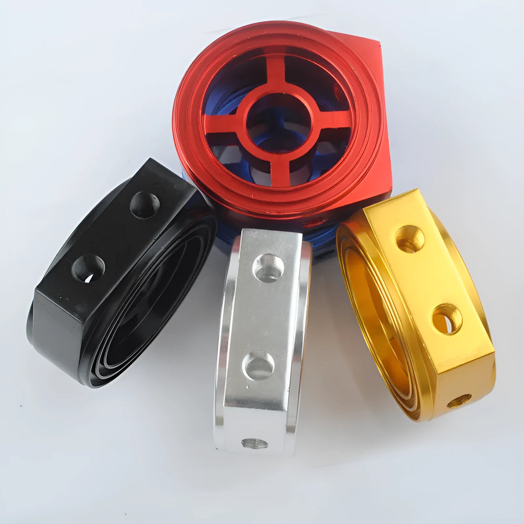 Universal oil pressure gauge adapter in aluminium alloy showing available colour options: red, blue, black, gold, silver.
