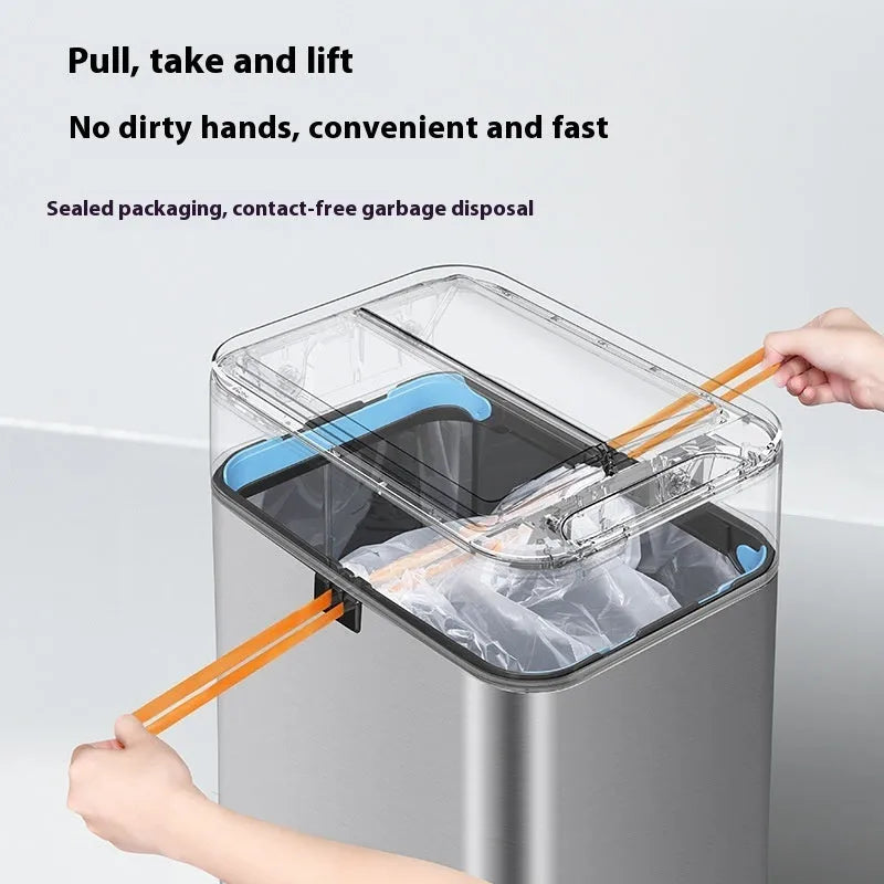 Stainless steel square inductive smart trash can with sensor lid and large capacity.