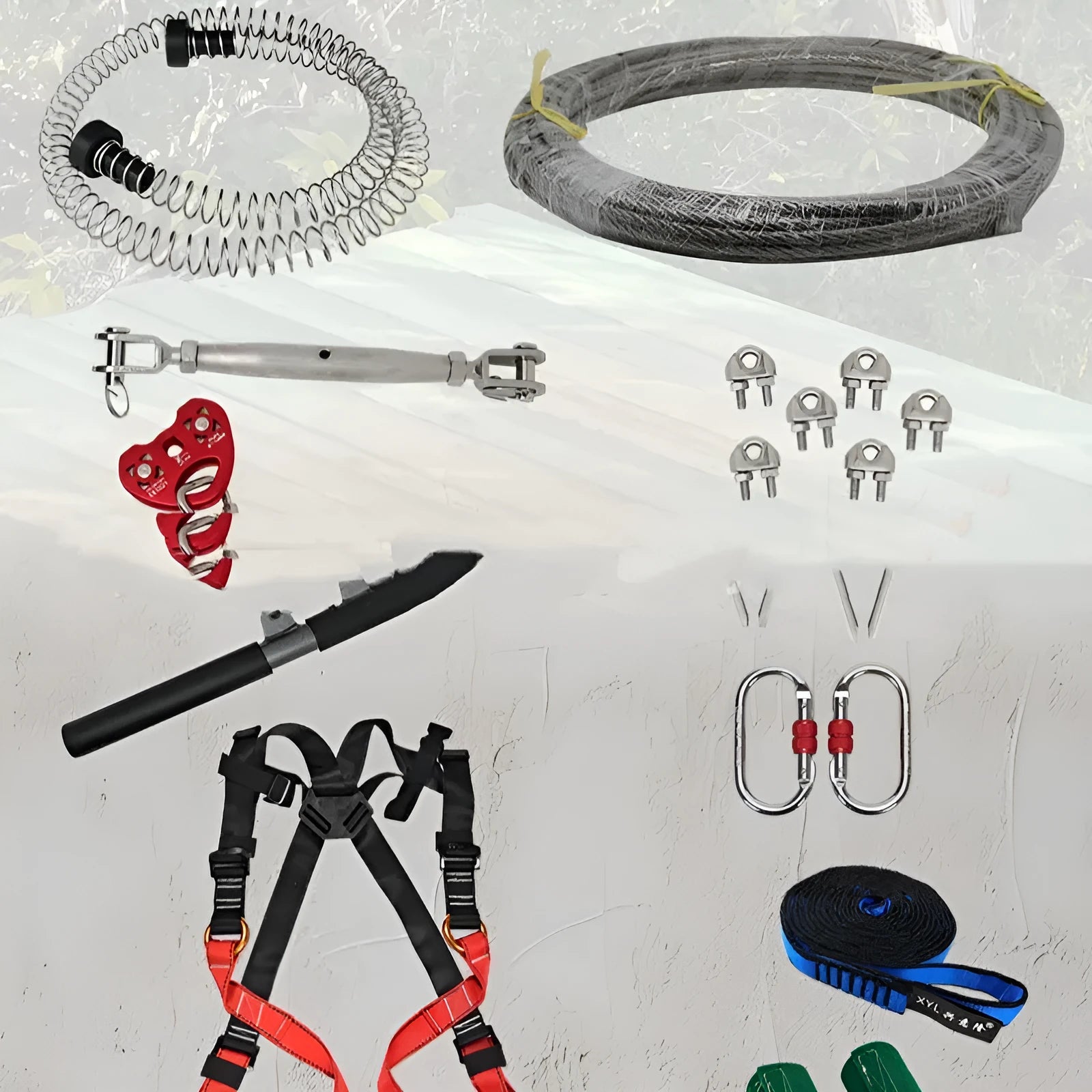 Children's outdoor pulley slide rope kit with 10m steel cable, alloy pulleys, and tree protection components