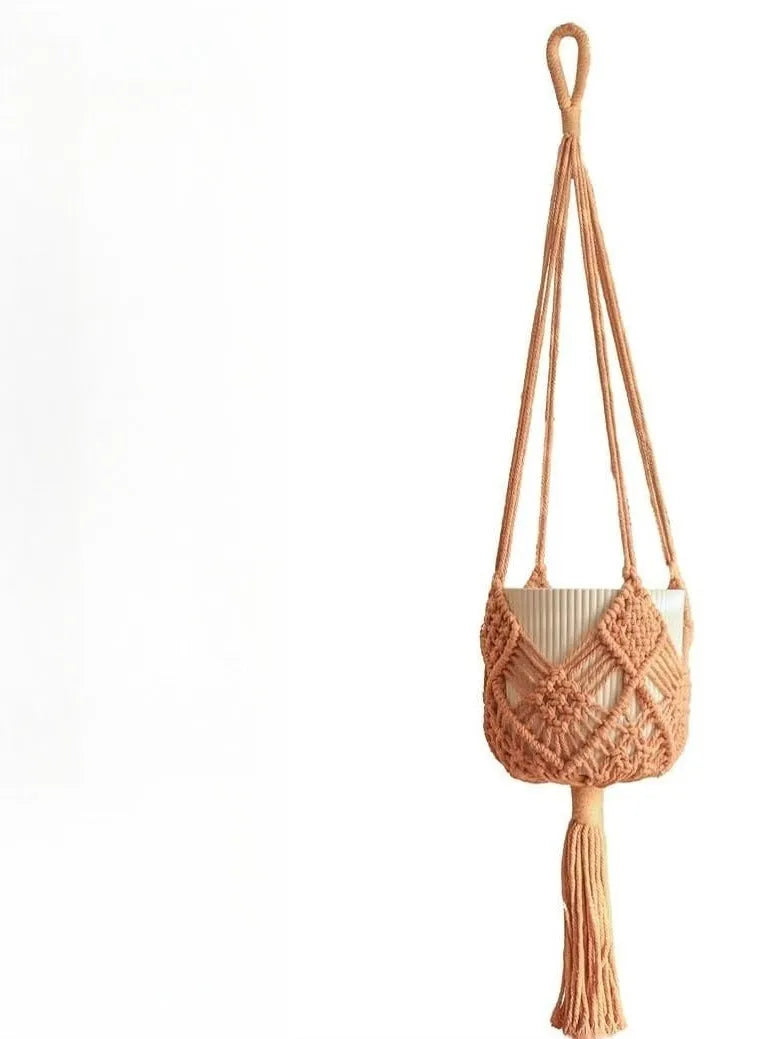 Hand-woven polyester cotton flower pot in natural colour with woven net pocket design