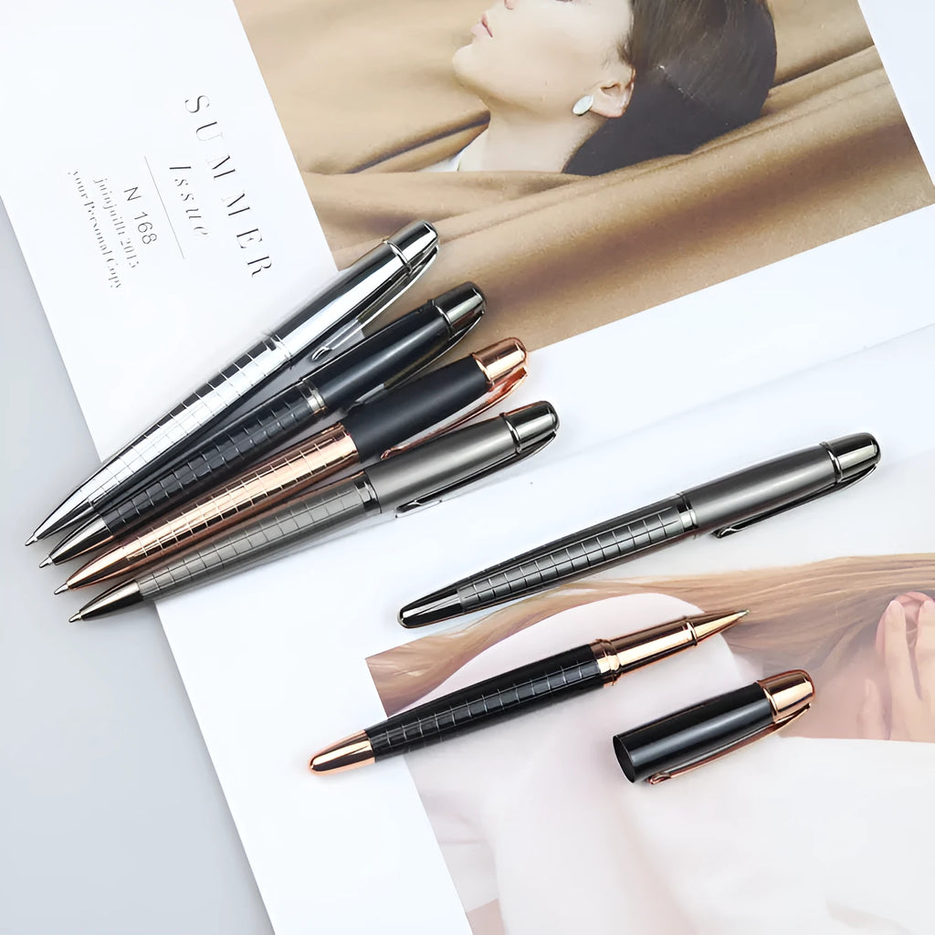 Gun grey metal rollerball pen for office use with water-based ink refills