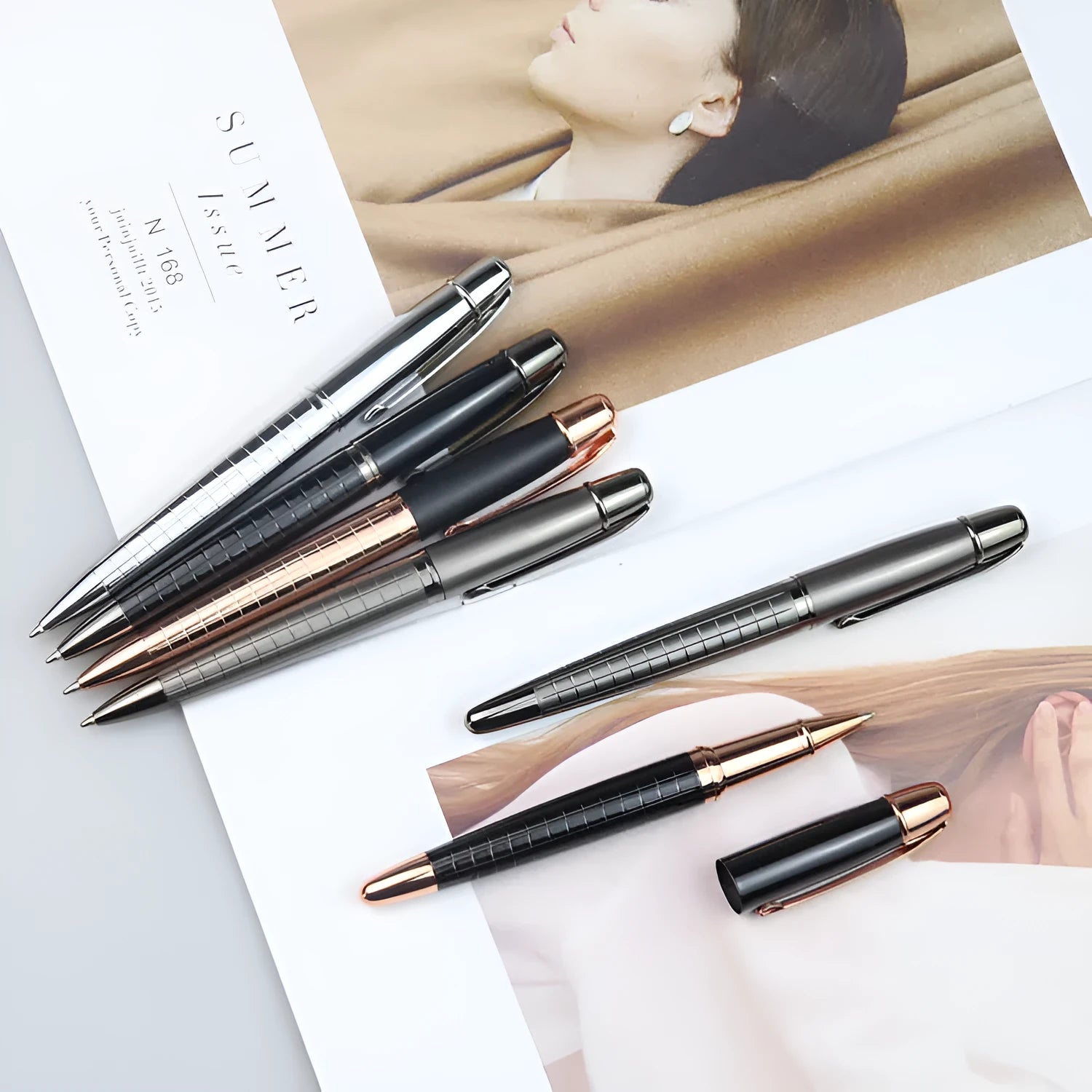 Gun grey metal rollerball pen for office use with water-based ink refills