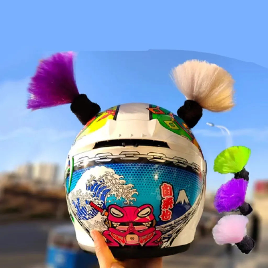 Close-up of black skyhigh braid decorative balls attached to a motorcycle helmet, showing 8cm height