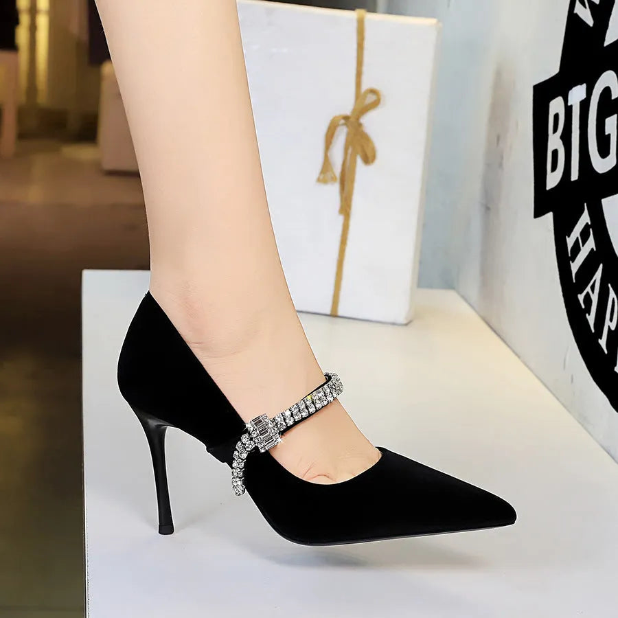 Pointed toe suede stiletto heels with rhinestone strap, ultra high heel over 8cm, in burgundy