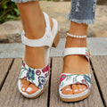 White women's high heel sandals with a Velcro strap buckle on the ankle.