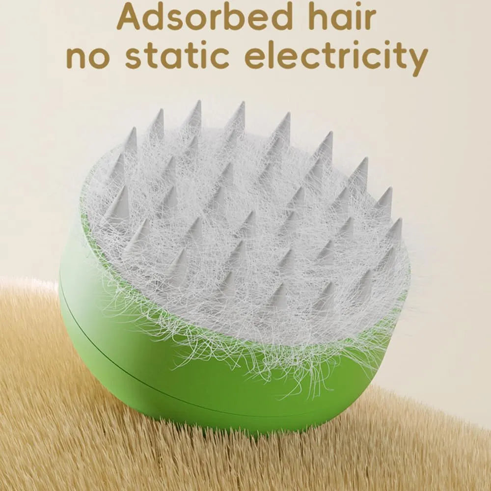 Green rechargeable cat steam brush with silicone bristles and ergonomic handle on white background