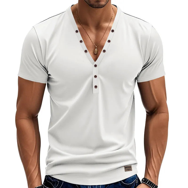 Men's loose V-neck pullover with button design in chemical fibre blend fabric
