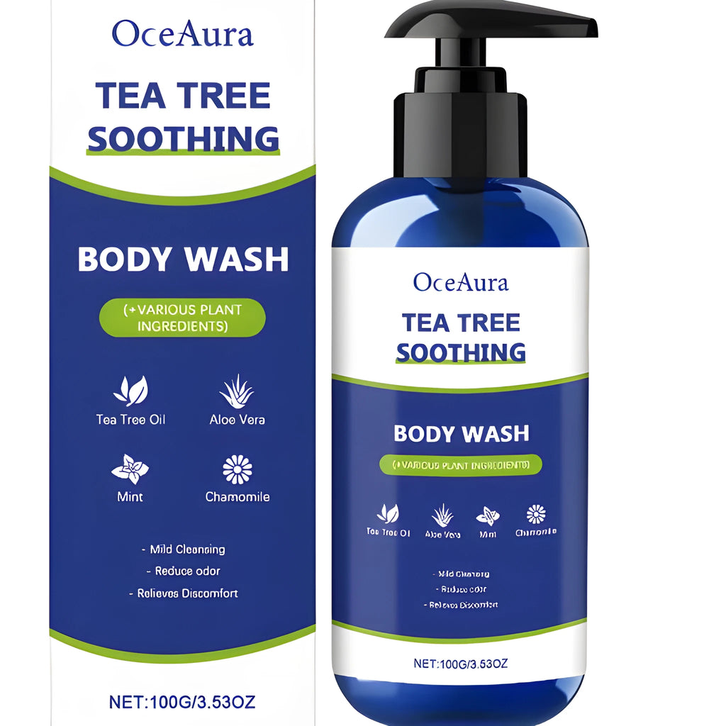 Tea Tree Soothing Shower Gel 100g with ingredients including aloe vera and chamomile extracts