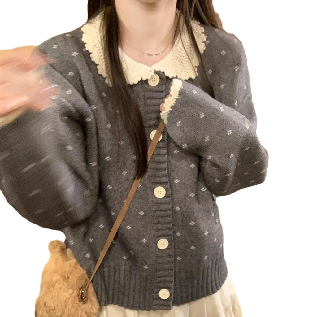 Retro Peter Pan collar knitted cardigan coat with floral embroidery in three colour options