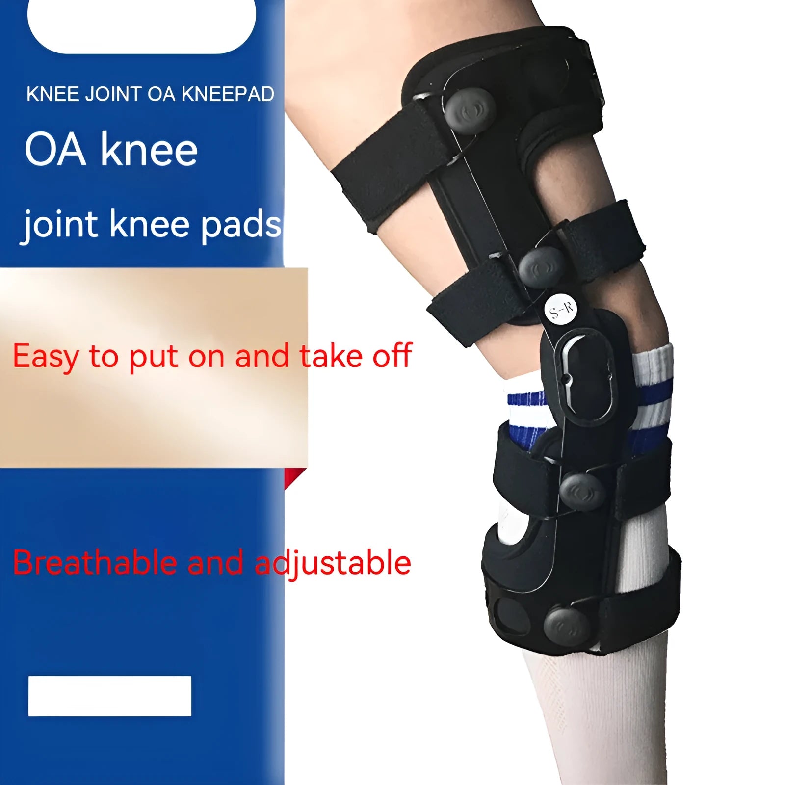 Black hinged knee pad and supporter for anterior ligament, shown with iron and plastic side hinges.