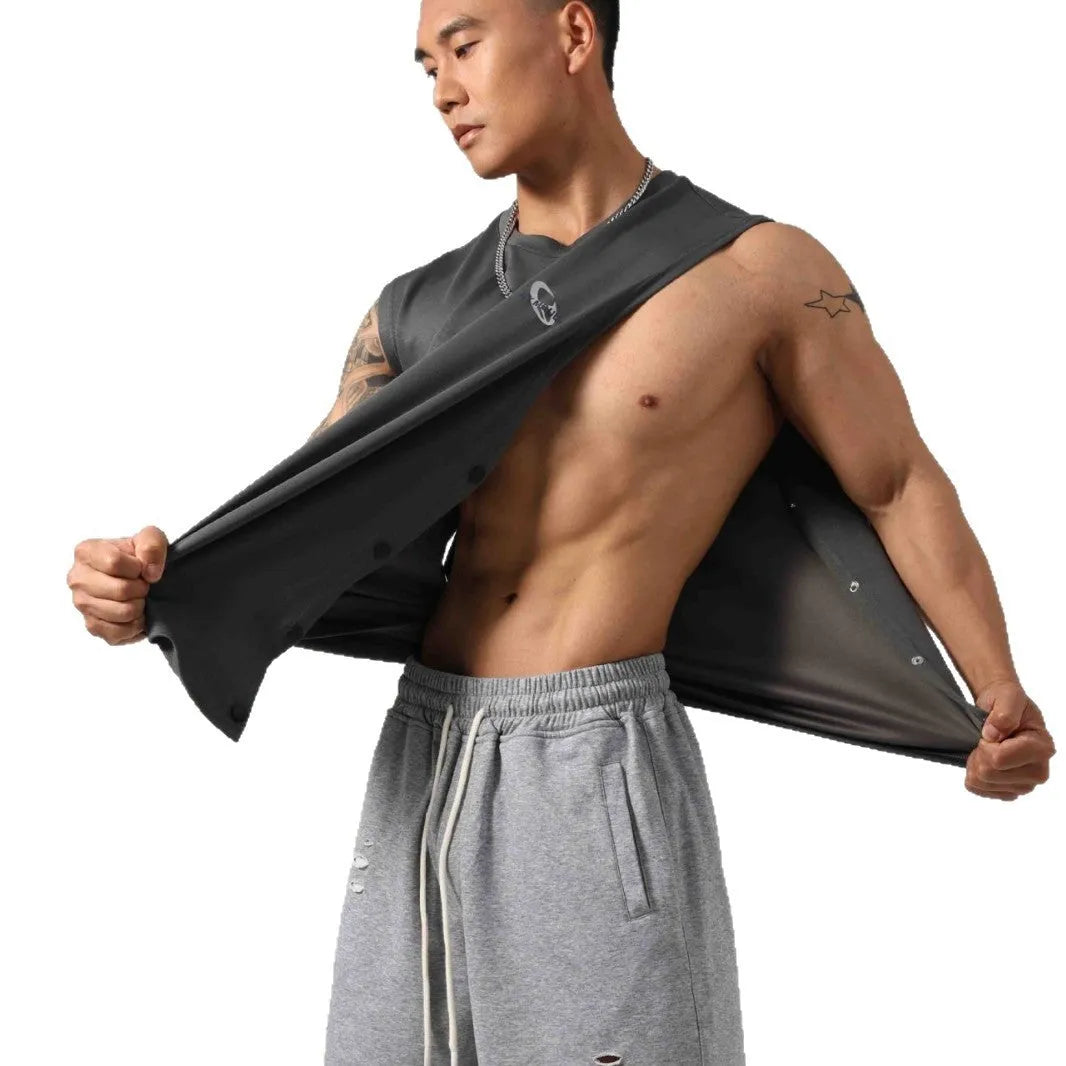 Korean style men's cotton fitness vest with hidden hook side openings