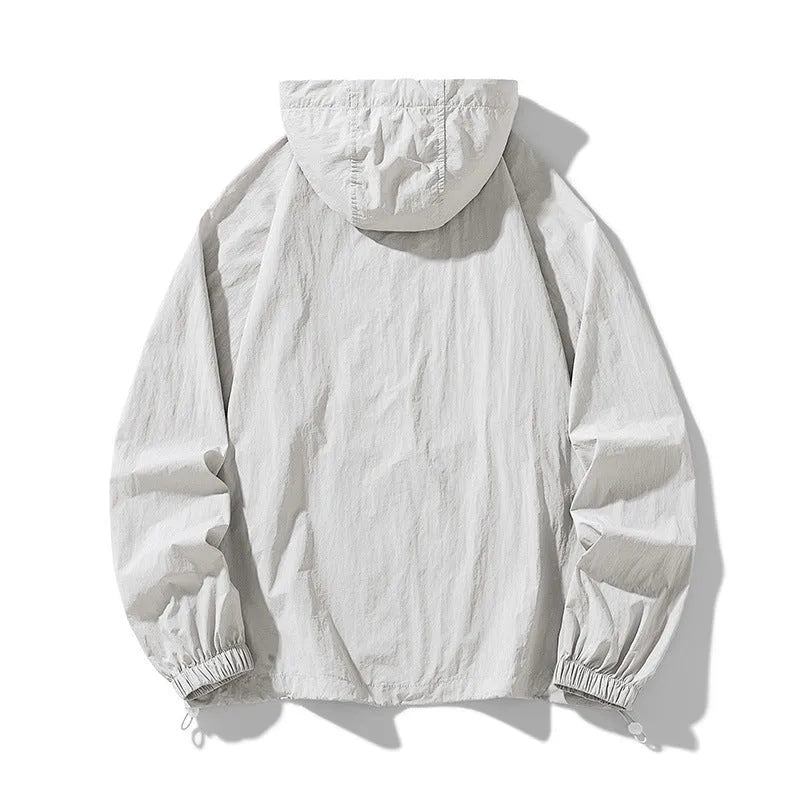 Loose-fit thin nylon blend outdoor sports jacket shown in light grey colour