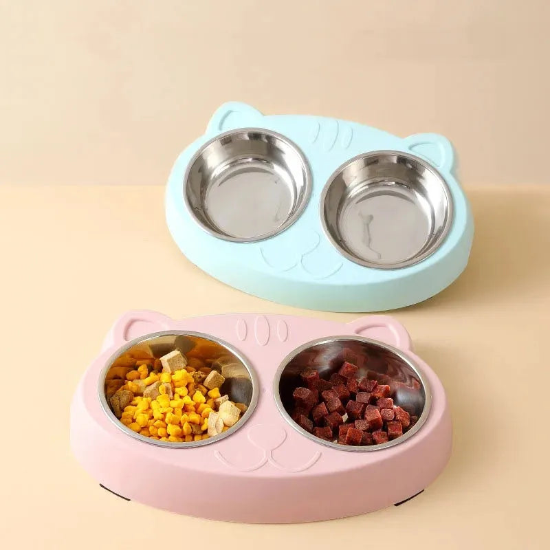 Blue macaron-shaped plastic pet feeder with two bowls and adjustable height legs