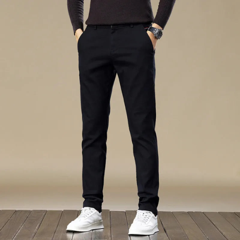 Men's fleece-lined slim fit tapered casual pants in black, cotton fabric, available in sizes 28-40