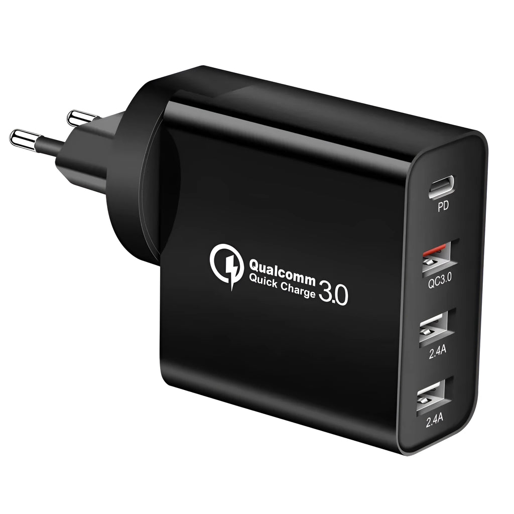 White and black multi-port fast charge USB wall charger with PD and QC support on a wooden surface.