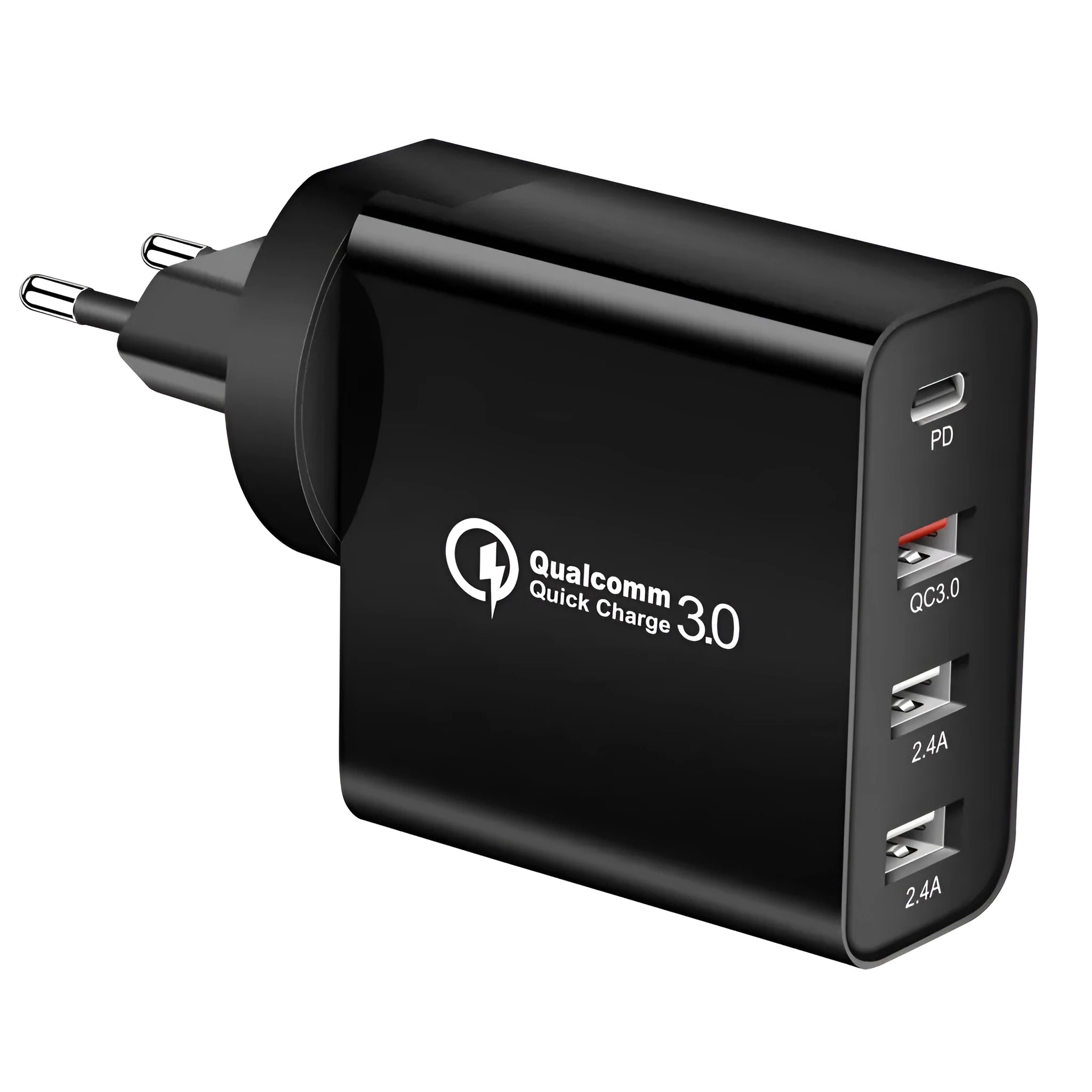 White and black multi-port fast charge USB wall charger with PD and QC support on a wooden surface.