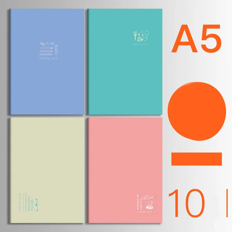 10-pack of kraft paper notebooks with thread binding in A5 and B5 sizes with various cover designs