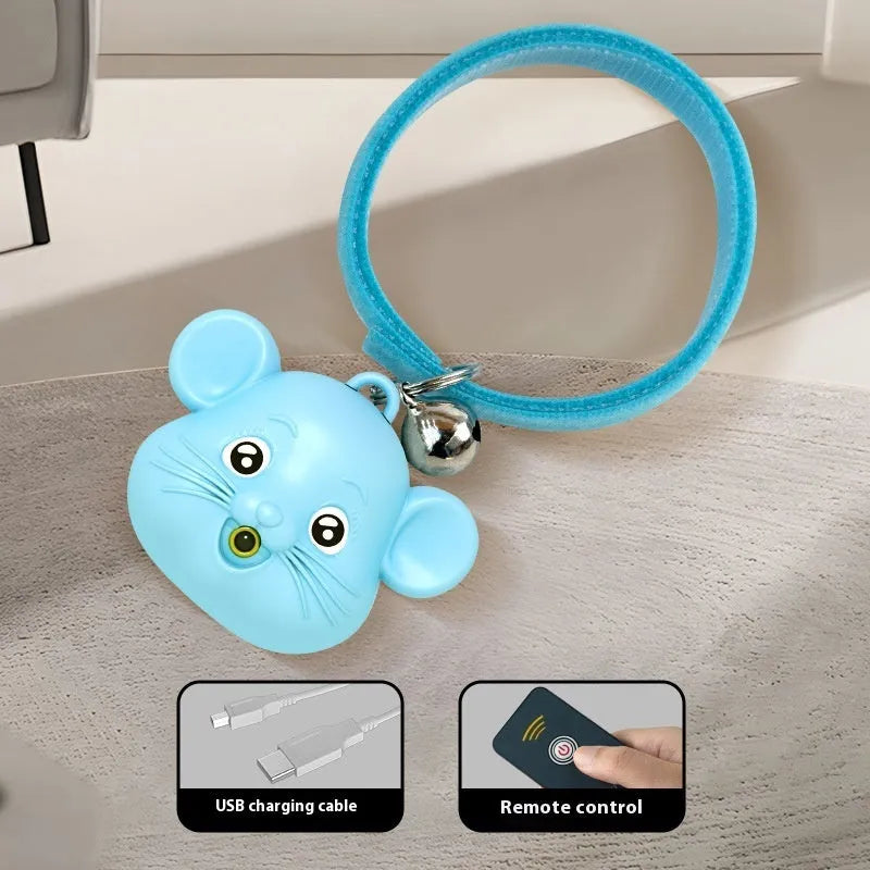 Rechargeable remote control cat toy with infrared halter collar, USB cable, and adjustable collar in pink or blue colours