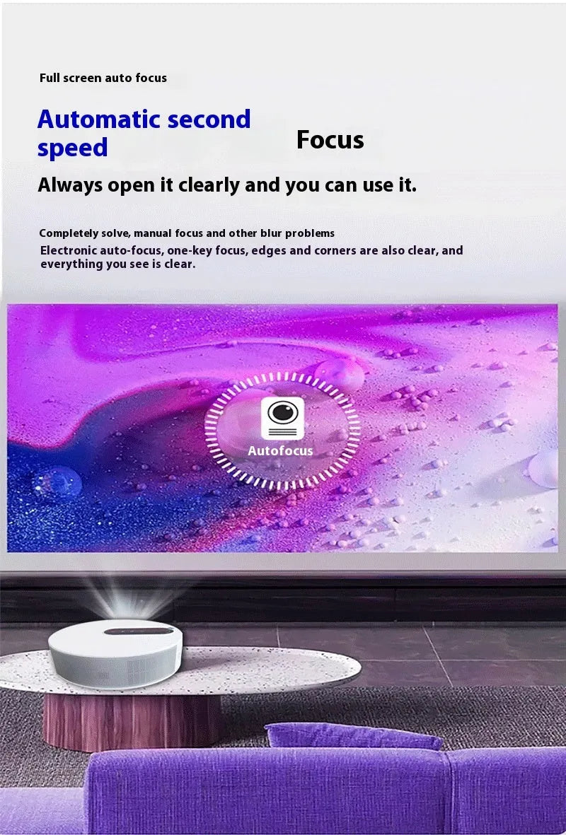 White HD home cinema projector with remote control on table showing 720p resolution specification