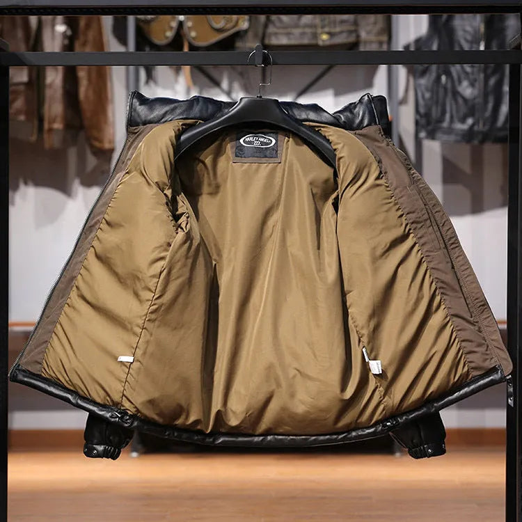 Men's black stand collar sheepskin down leather jacket with pocket decoration and white duck down filling