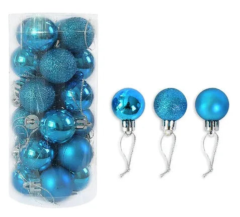 Set of 24 shiny and matte finish Christmas ball ornaments in assorted colours, each 3cm in diameter.
