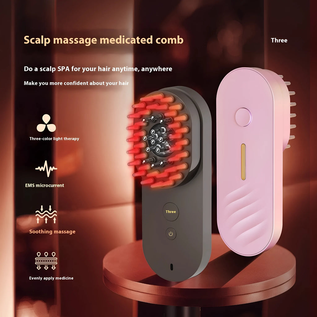Smart massage comb with red light therapy for scalp care, less than 10cm, in pink or black colour