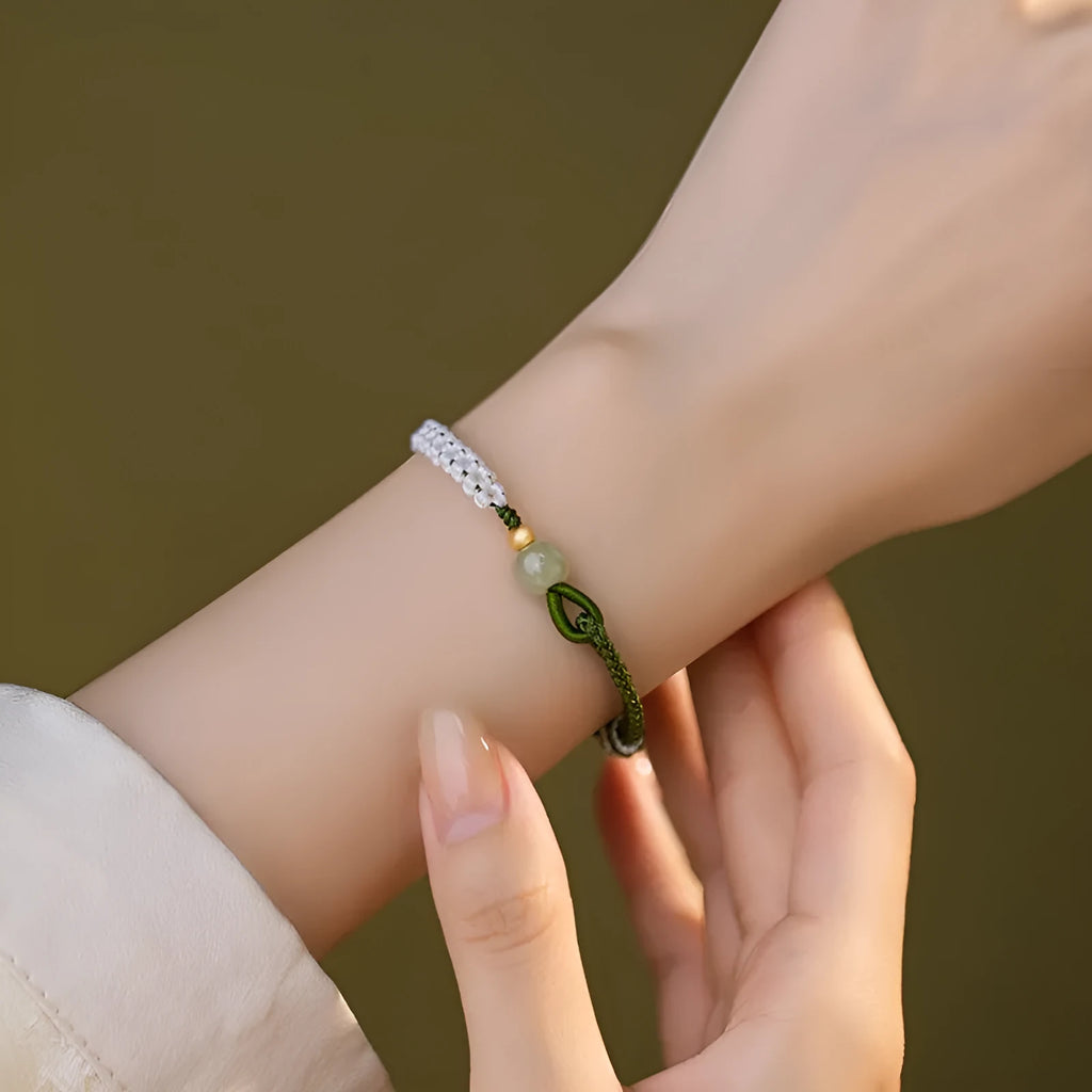 Hetian jade sterling silver carrying strap bracelet with colourful cord and national tide design