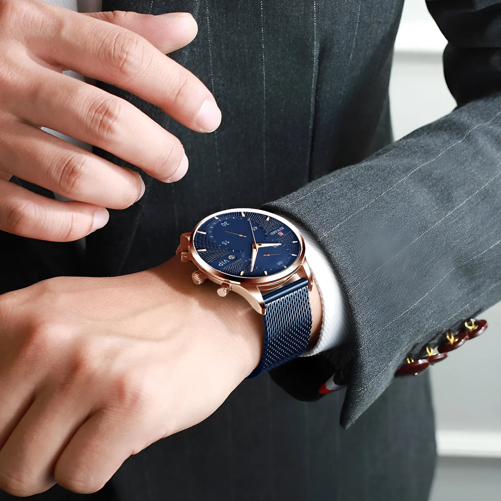 Men's waterproof quartz business watch with 45mm round dial, stainless steel strap, and calendar display on a white background