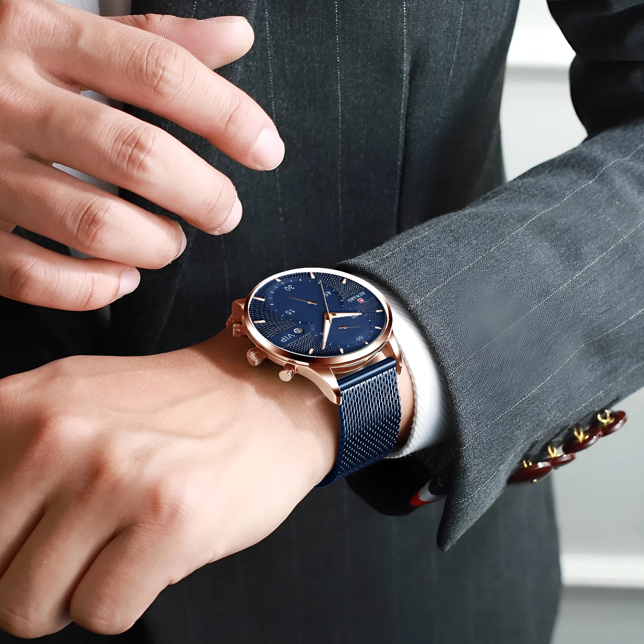 Men's waterproof quartz business watch with 45mm round dial, stainless steel strap, and calendar display on a white background