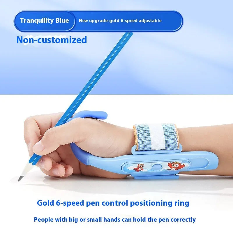Blue and pink anti-hook wrist brace pen grip corrector for children's handwriting, made from white ABS nylon.