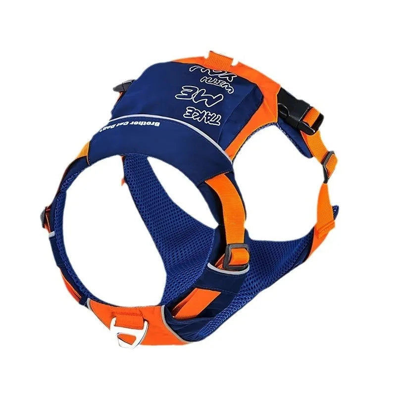 Adjustable nylon dog chest strap harness in vest style with hand rope attachment in orange blue colour