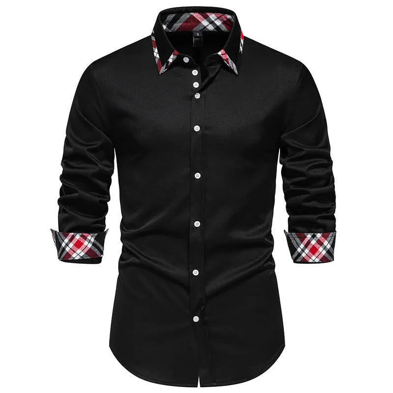 Men's long sleeve plaid shirt with a triangle collar in black, blue, or white.