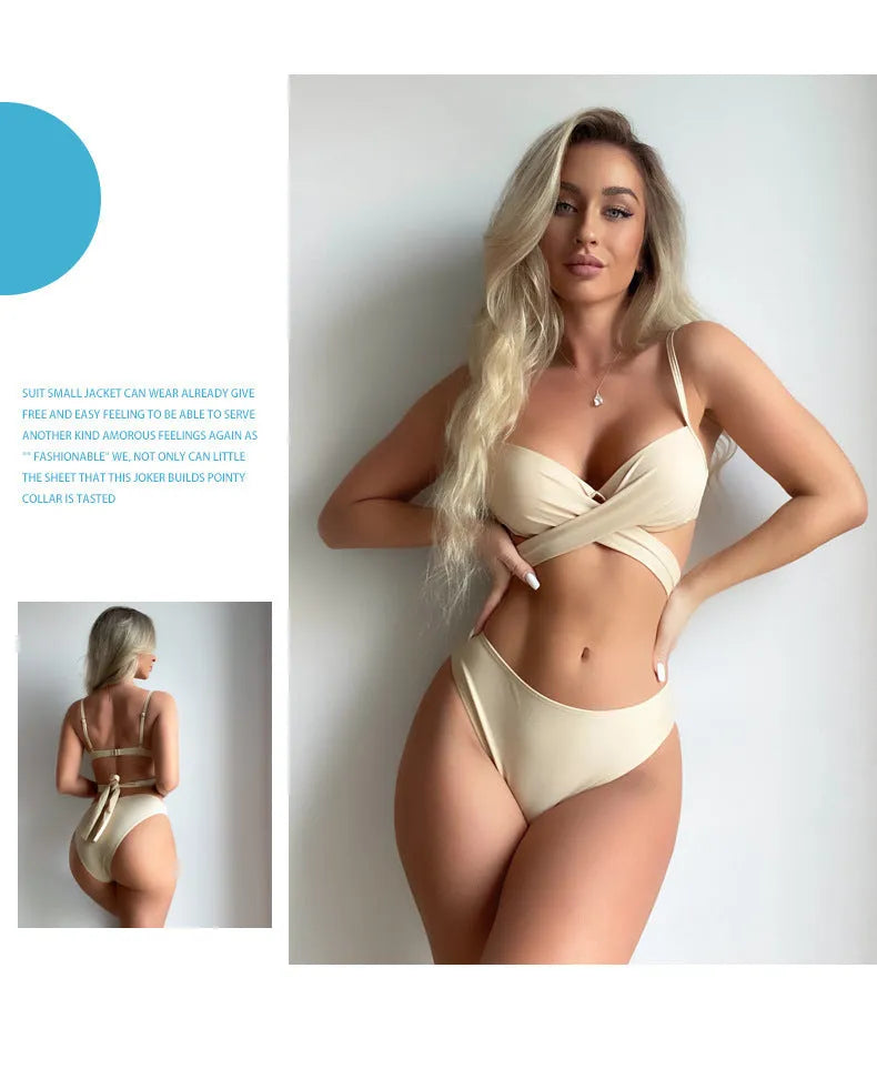 Three-piece backless push up bikini set in polyester fabric