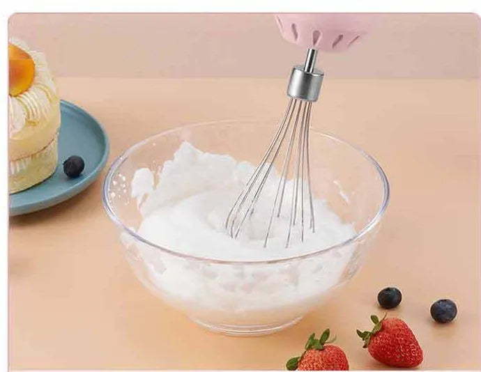 Portable mini wireless electric egg beater with USB charging, 3 speeds, and 2 stainless steel stirrers in green, pink, or white