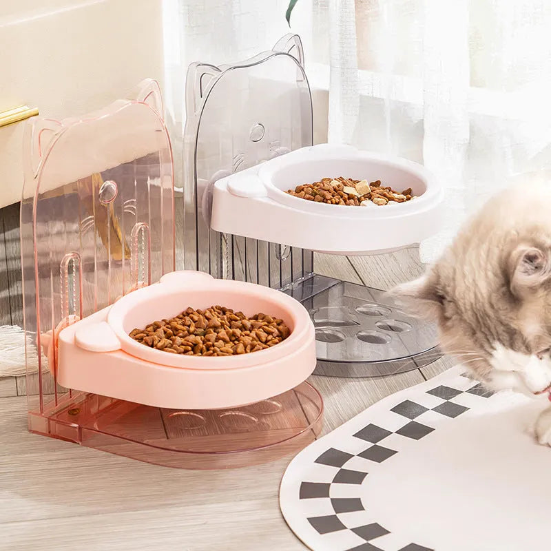 Grey adjustable height cat feeding bowl with anti-spill edges and removable design