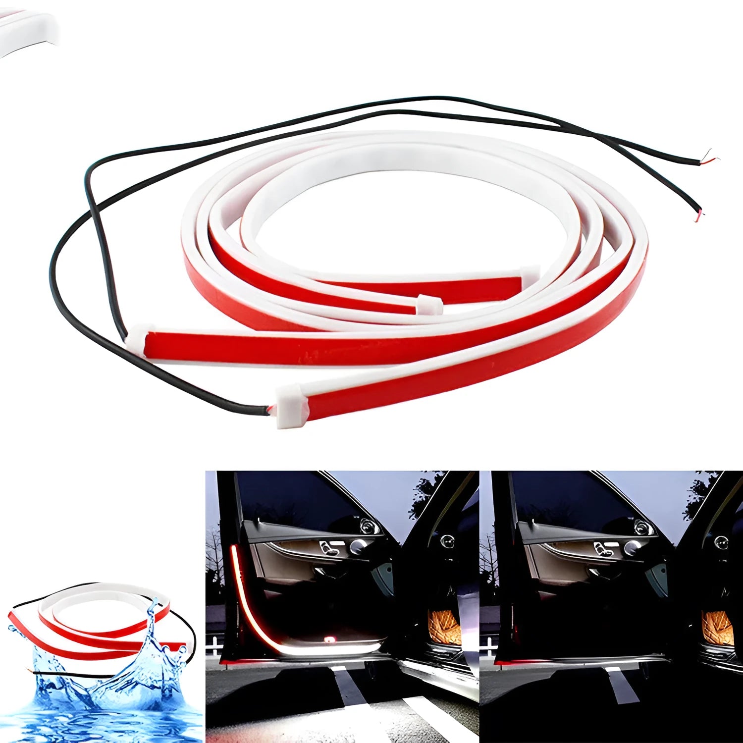 Waterproof silicone LED car door warning light strip 1.2m length red and white illumination streamer effect