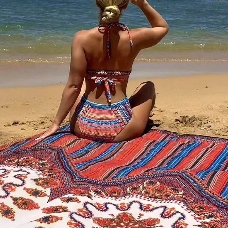 Women's three-piece split-style swimsuit set with high-waisted briefs and a cover-up coat