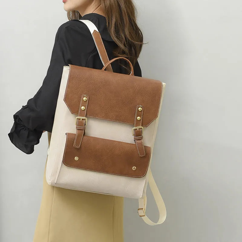 Korean-style soft PU retro backpack in creamy white colour, showing front design