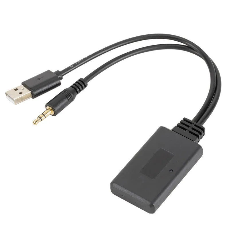 Black car AUX Bluetooth 5.0 audio receiver with 3.5mm jack and USB port.