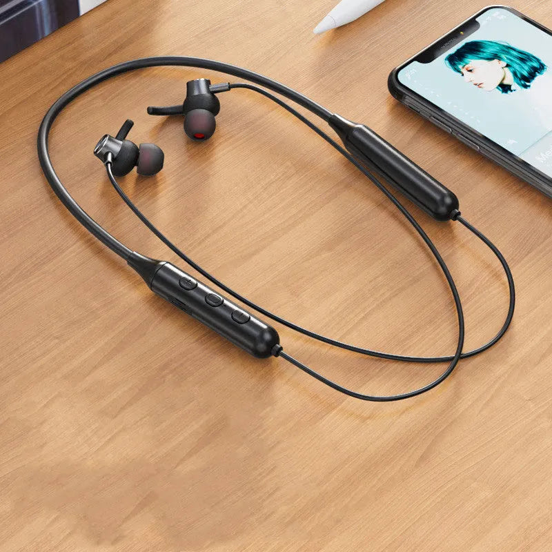 Wireless Bluetooth headset binaural neck-hanging stereo in black with battery display and voice control