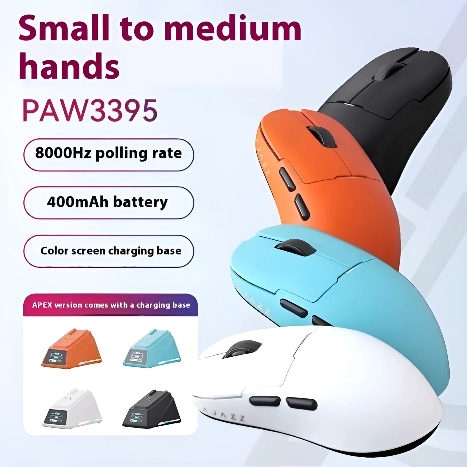 AJ159 tri-mode gaming mouse in various colours showing compact design with PAW3395 sensor